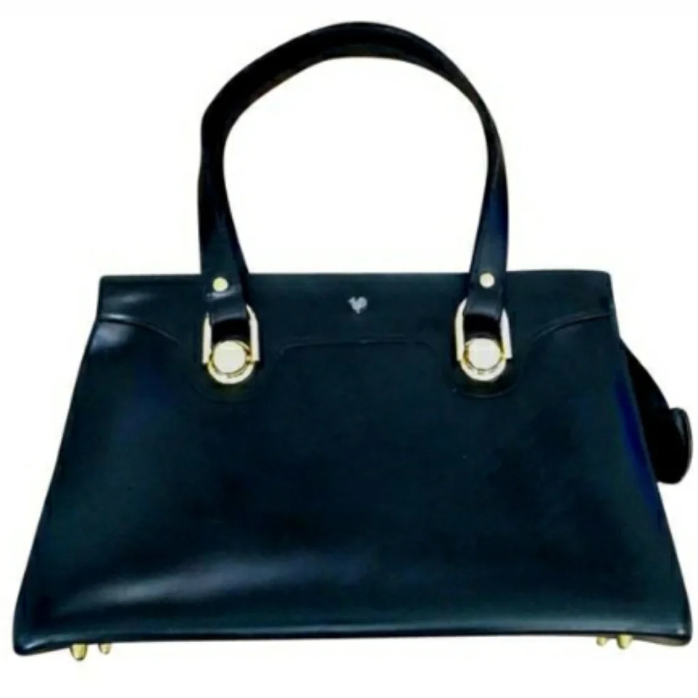 Vintage 50s‎ Engler's Black Leather Satchel With Gold Hardware
